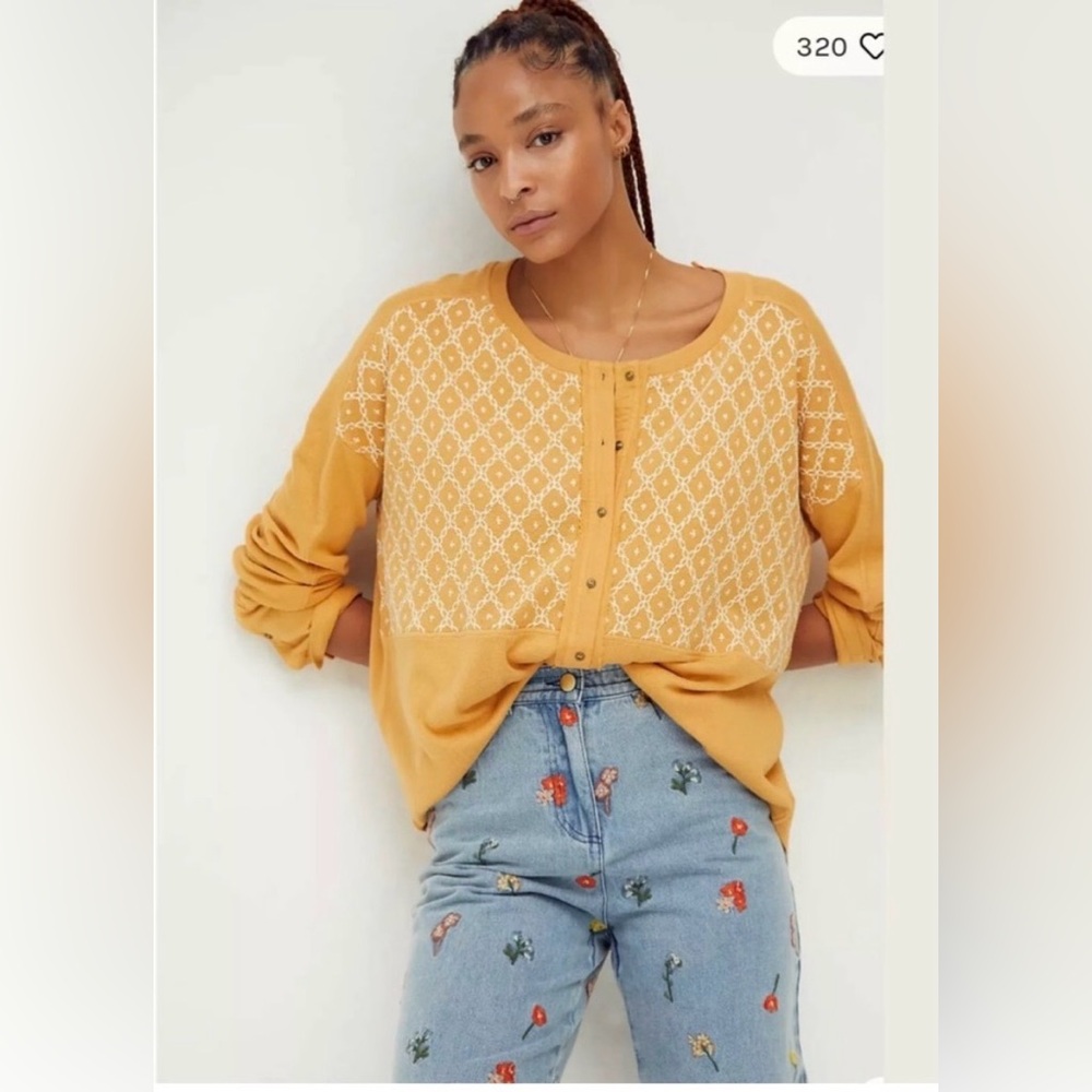 Free People We the Free Spirit Embroidered Long‎ Sleeve Henley Top